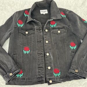 Velvet Heart Black Denim Jacket with Red Rose Embroidery in size Medium